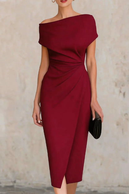 Solid Color Short-sleeved Fitted Waist Pleated Elegant Midi Dress