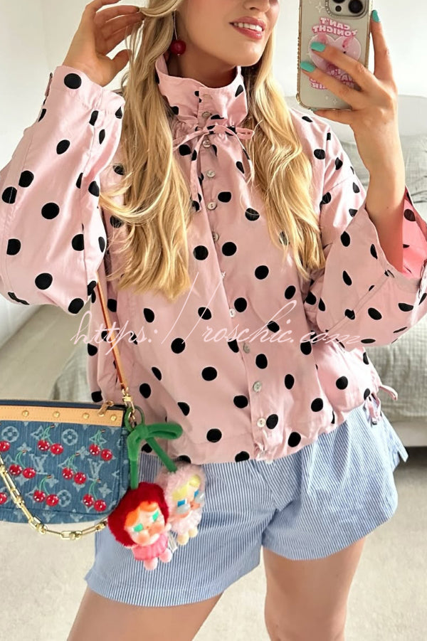 Polka Dot Print Loose Stand Collar Button Bow Tie Casual Long-sleeved Jacket