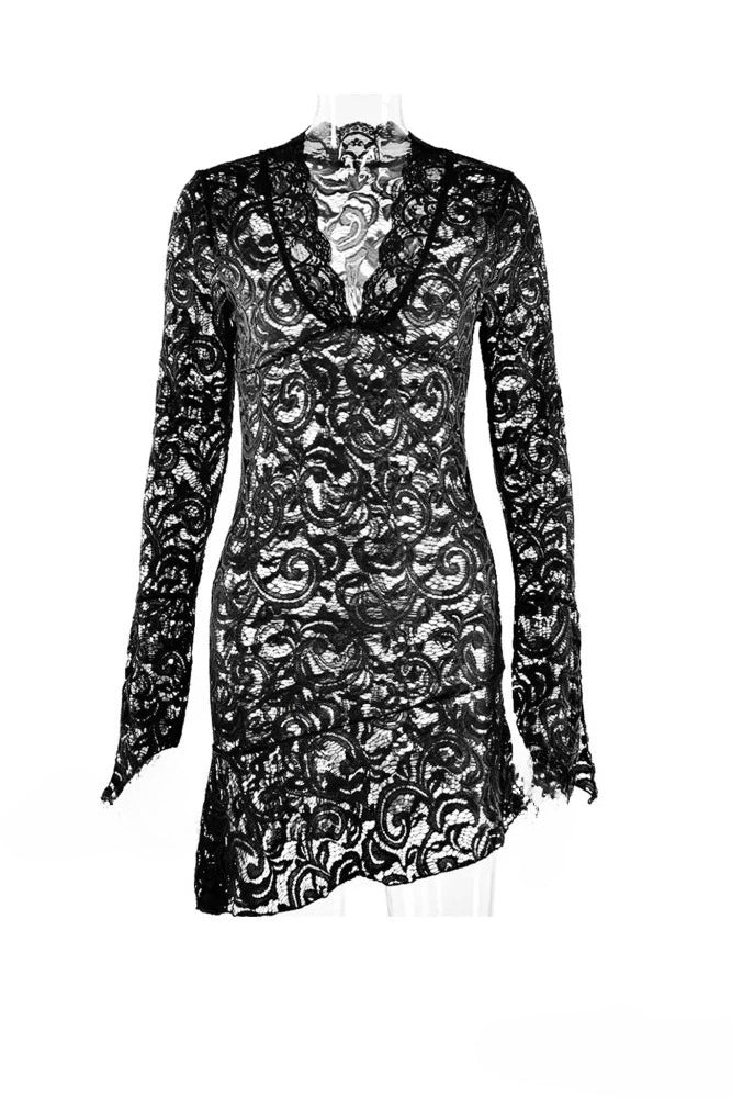V Neck Flares Sleeve Lace Dress