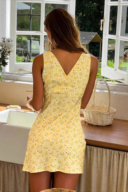 Minivestido con estampado floral a cuadros y cuello en V línea A
