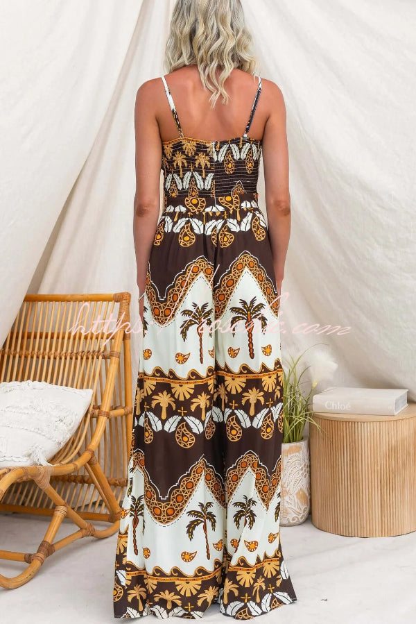 Unique Print Casual Spaghetti Strap High Waist Resort Loose Wide Leg Jumpsuit