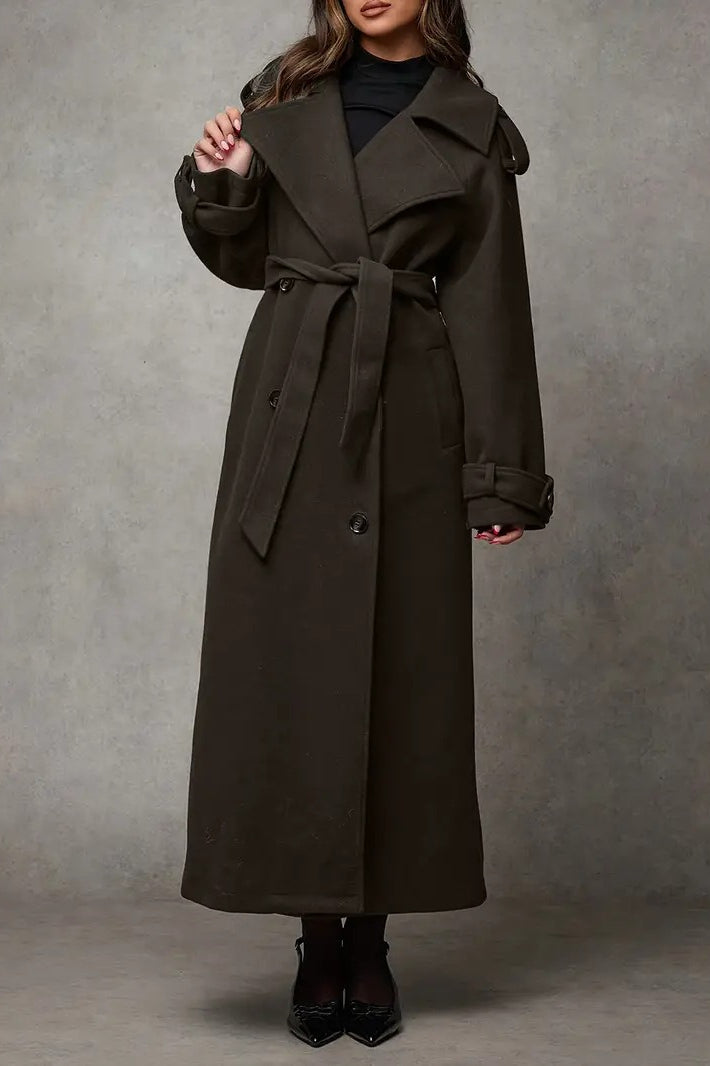 Wool Double Breasted Lapel Tie Long  Overcoat