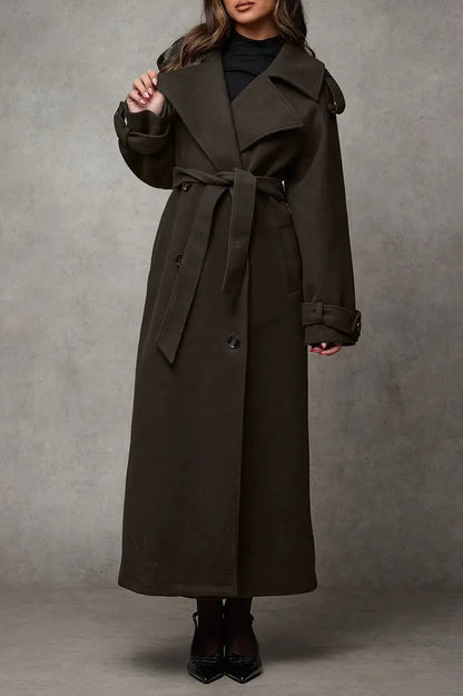 Wool Double Breasted Lapel Tie Long  Overcoat