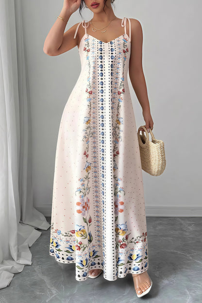 Elegante vestido largo sin mangas con tirantes finos y estampado floral único