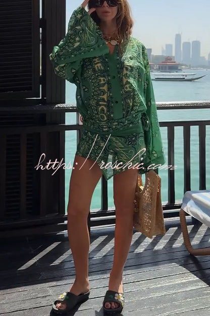 Sulena Linen Blend Ethnic Print Button Up Long Bell Sleeve Warp Tie-up Mini Dress