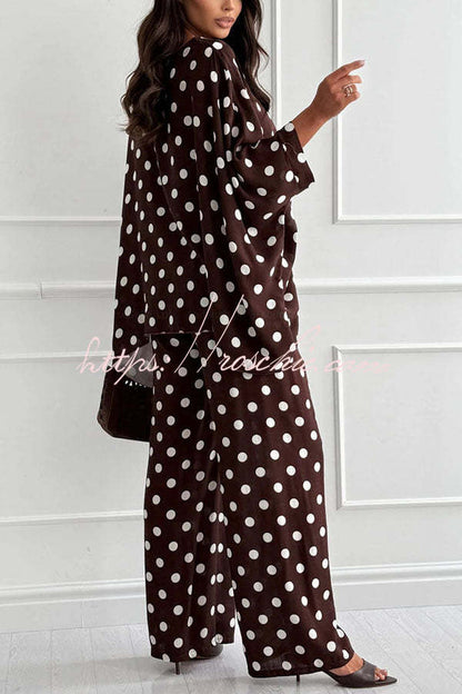 Verne Linen Blend Polka Dot Batwing Sleeve Top and Elastic Waist Pocket Loose Pants Set