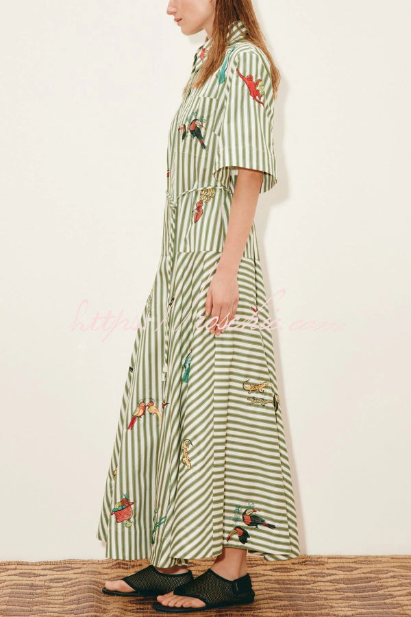 Linen Blend Striped Print Collared Short-sleeved Fitted Waist Belted Casual Maxi Dress