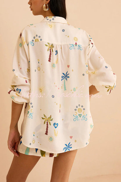 Linen Blend Summer Printed Collared Long-sleeved Shirt and Elastic Waist Pocket Casual Shorts Set
