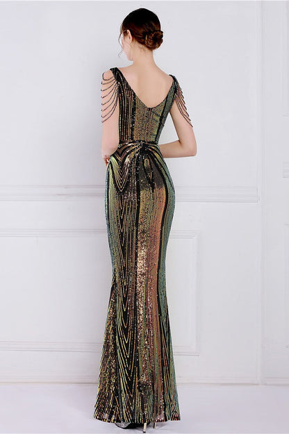 Vestido de fiesta de sirena con lentejuelas florales y pedrería