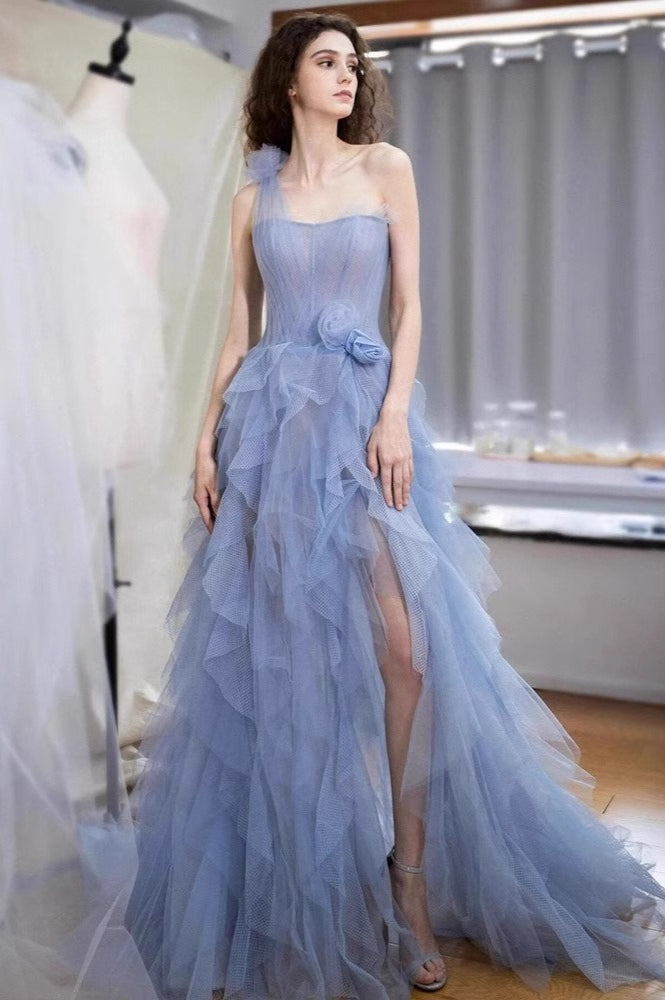 Vestido formal sin mangas con corsé azul