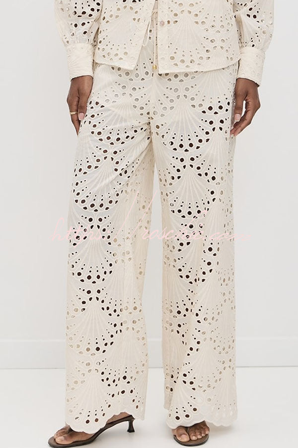 Lillah Embroidered Lace Shell Pattern Elastic Waist Pocket Wide Leg Pants