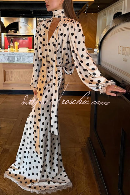 Chrissa Satin Polka Dot Print Lace Trim High Rise Flare Drape Maxi Skirt