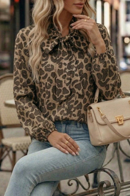 Leopard Print Bow Collar Long-sleeved Loose Shirt