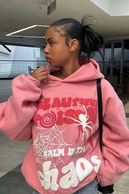 Spider Web Letter Print Hoodie