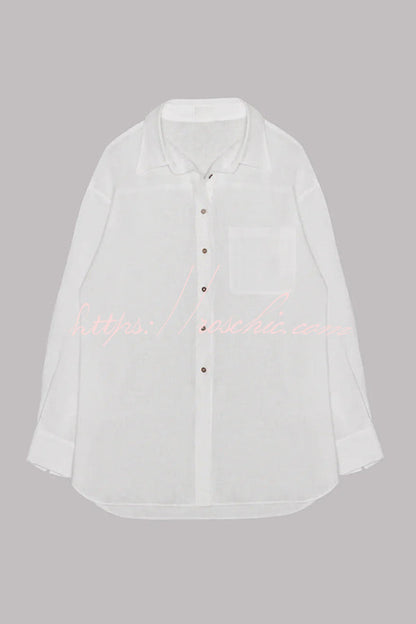 Go To The Beach Linen Blend Pocketed Long Sleeve Oversized Shirt