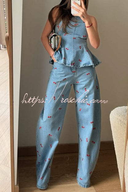 Sweet Casual Denim Cherry Print Princess Seams Flare Vest Top