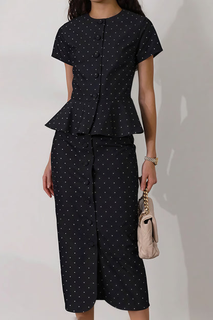 Polka Dot Print Short Sleeve Bodycon Skirt  Set