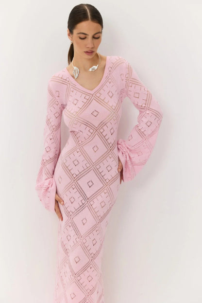 Vestido maxi de punto argyle jacquard de manga larga
