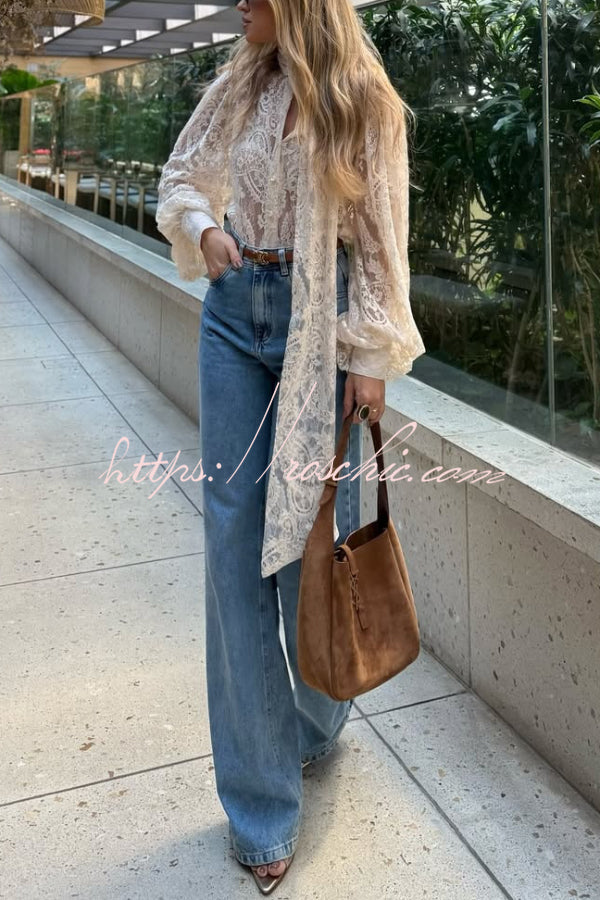 Solid Color Sheer Lace Elegant Ribbon Long-sleeved Shirt
