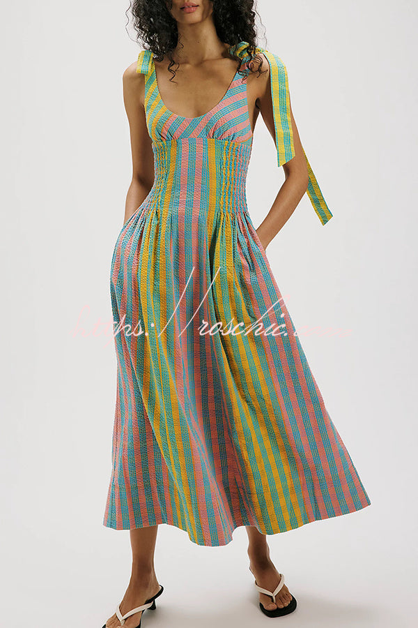 Sweet Colorful Plaid Scoop Neckline Adjustable Shoulder Ties Pocket Midi Dress