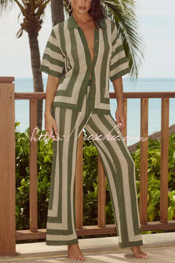 Stylish Knitted Collared Short-Sleeved Button-Up Top and Elastic Waist Casual Pants Cover-Up Set