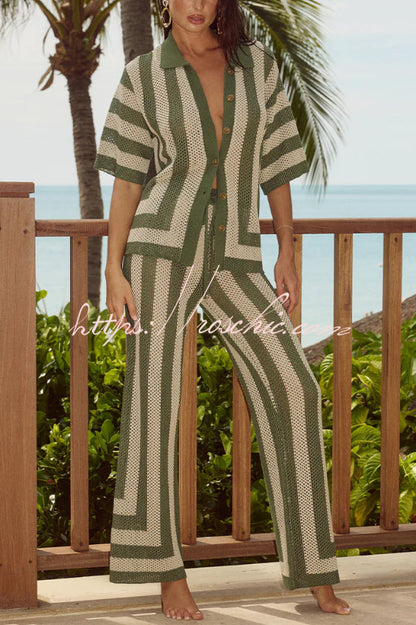 Stylish Knitted Collared Short-Sleeved Button-Up Top and Elastic Waist Casual Pants Cover-Up Set