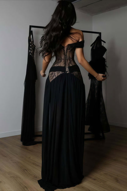 Vestido largo transparente con abertura, corte y encaje sexy