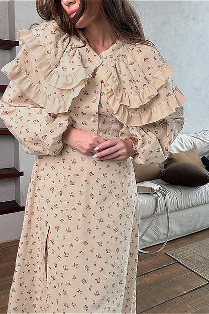 Puff Sleeve V Neck Ruffled Belted Split Elegant Floral Dress