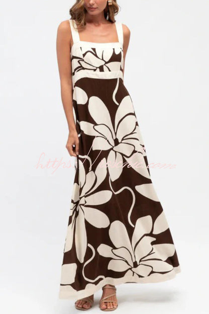 Color-blocked Floral Print Square Neck Sleeveless Casual Maxi Dress