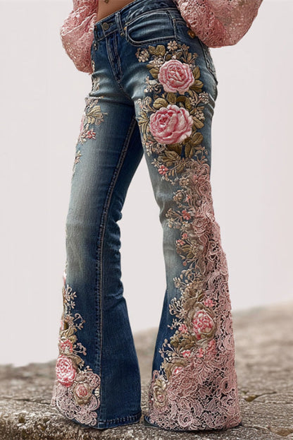 Floral Printed High-waisted Pocket Casual Flared Jeans