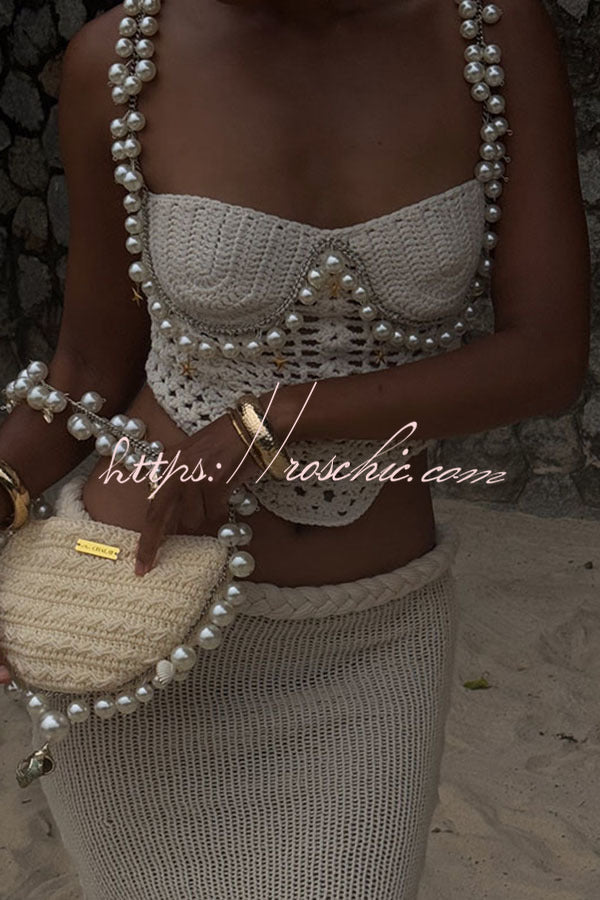 Mirina Hollow Crochet Knit Pearl Trim Heart Collar Crop Vacation Tank
