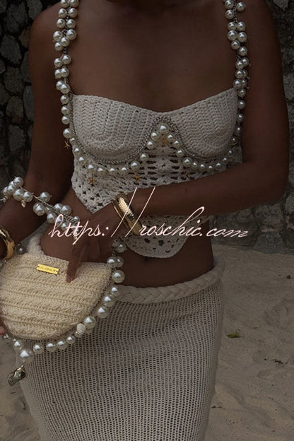 Mirina Hollow Crochet Knit Pearl Trim Heart Collar Crop Vacation Tank