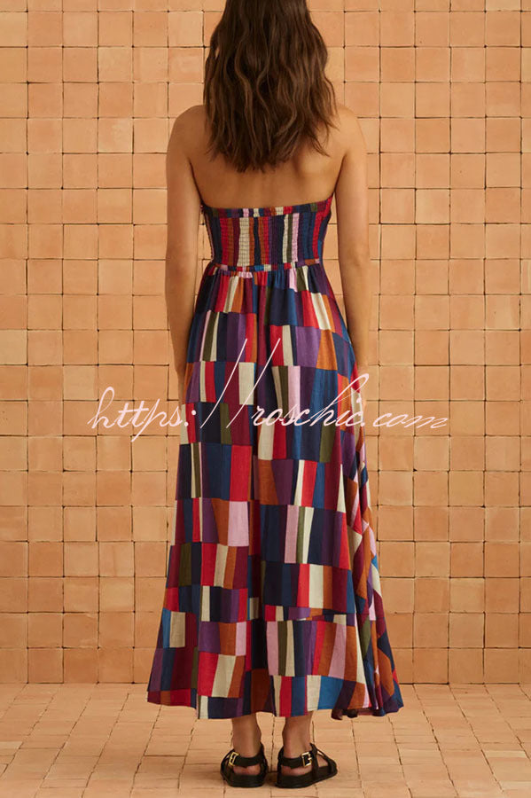 Retro Chic Linen Blend Colorful Color Block Strapless Back Smocked Midi Dress