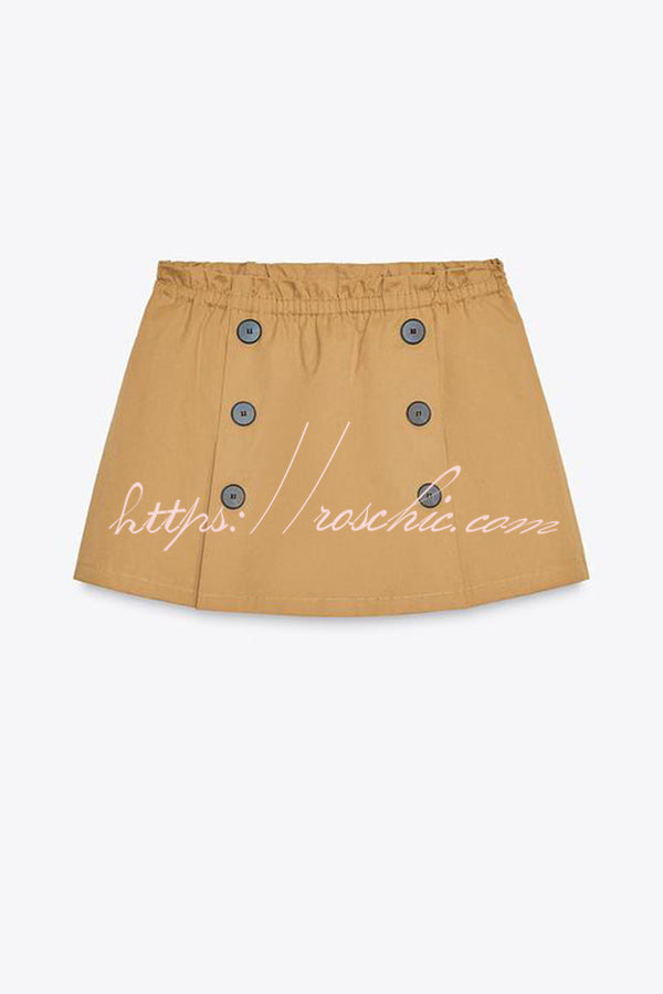 Chic Comfort Mid Rise Elastic Waist Contrast Buttons Pocket Mini Skort