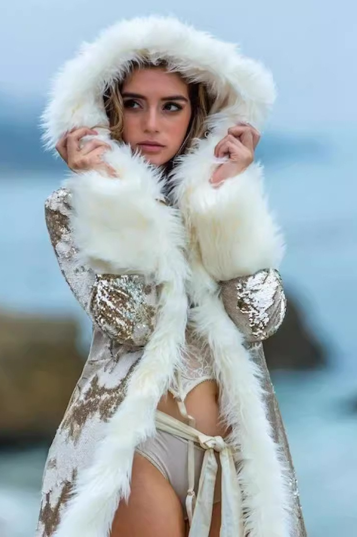 Faux Fur Sequin Hooded Cosplay Party Overcoat