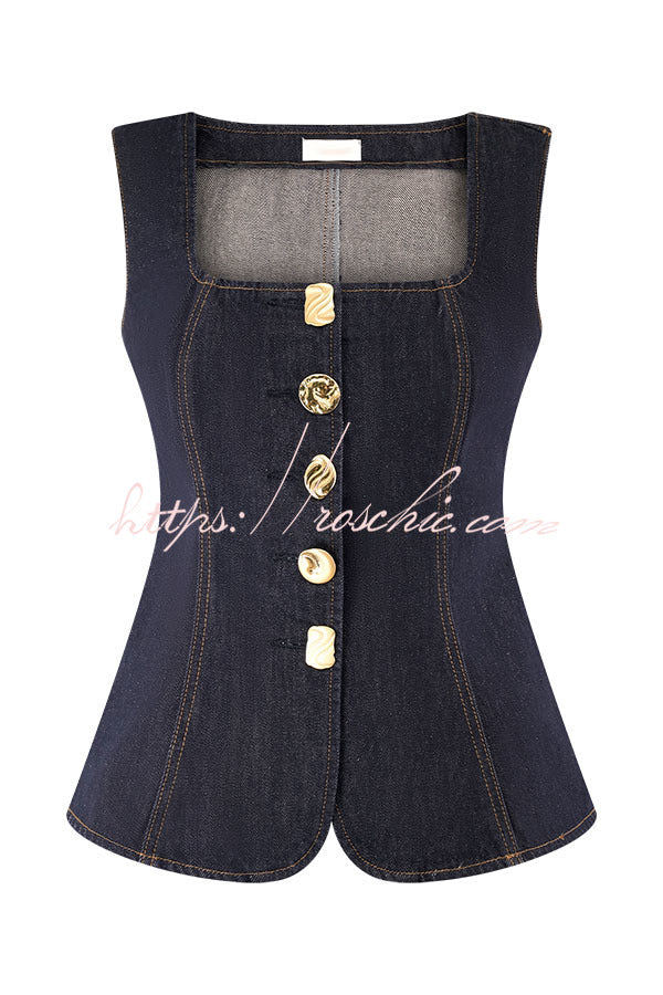 Stassi Denim Square Neck Unique Button Up Princess Seams Vest Top