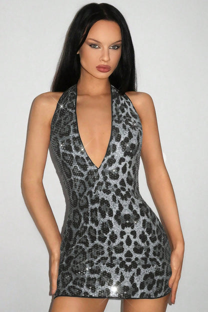 Sleeveless Halter Leopard Beaded  Sequin Dress