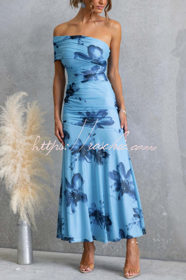 Floral Print Elegant Mesh Off-shoulder Fitted Maxi Dress