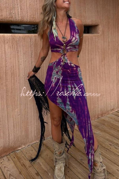 Unique Printed Halter Neck Waist-revealing Asymmetrical Maxi Dress
