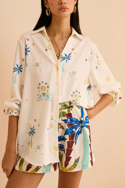 Linen Blend Summer Printed Collared Long-sleeved Shirt and Elastic Waist Pocket Casual Shorts Set