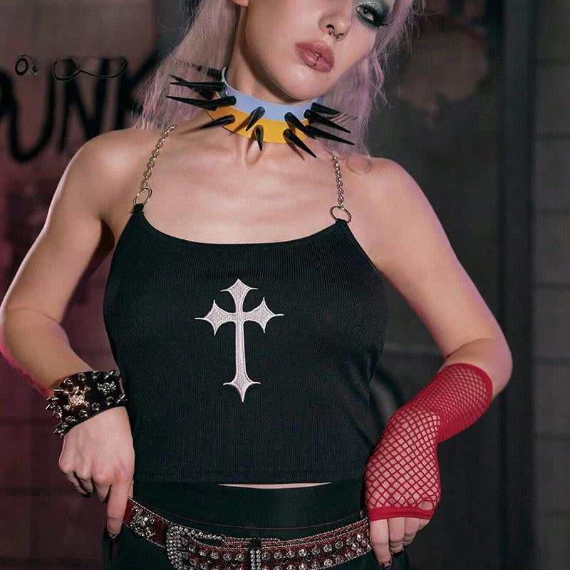 Mysterious  Chain Black Cross Print Black Crop Top