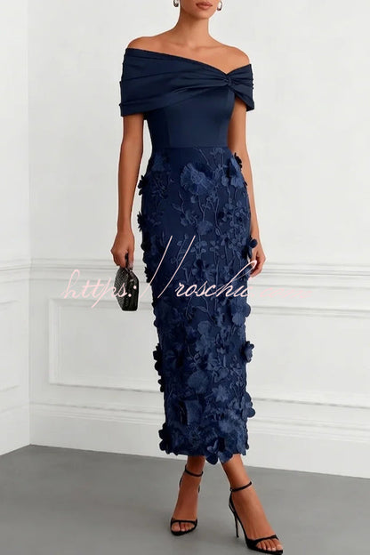 Classic 3D Floral Embroidery Off The Shoulder Short Sleeve Sheath Midi Dress