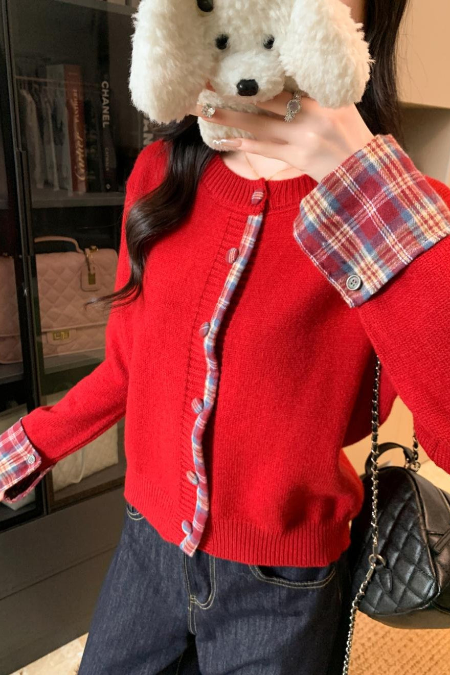 Red Plaid Contrast Round Neck Cardigan