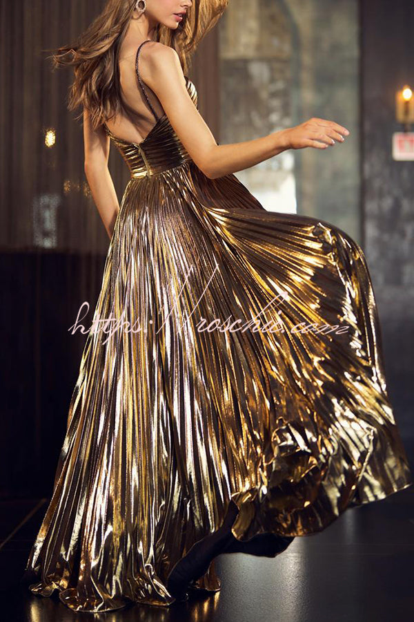 Queen Style Metallic Fabric Cross Neck Cutout Slit Pleated Maxi Dress (Shipped Within 24 Hours)