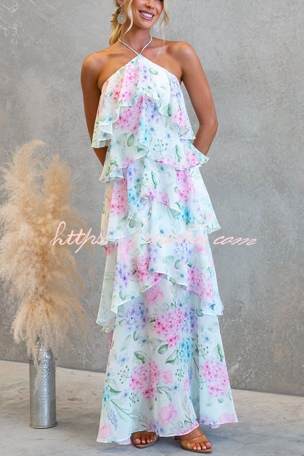 Poetic Eden Chiffon Floral Print Tiered Ruffles Halter A-line Maxi Dress