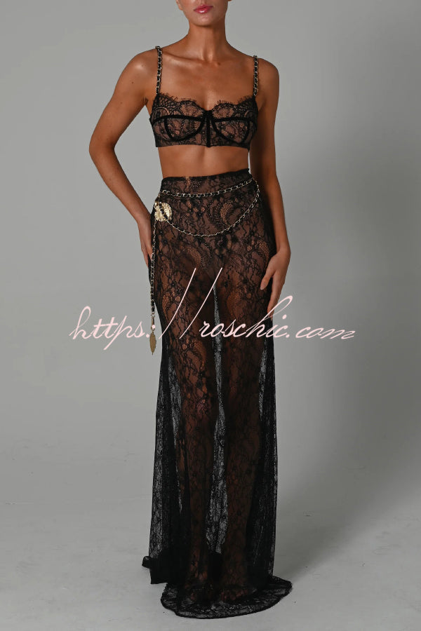 Stylish Lace Camisole Bra Top and Vacation See-through Maxi Fishtail Skirt Set