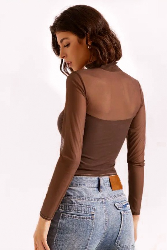 Solid Mock Neck Mesh Paneled  Crop Top