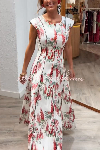 Kaydien Linen Blend Floral Print Contrast Princess Line Short Sleeve Maxi Dress
