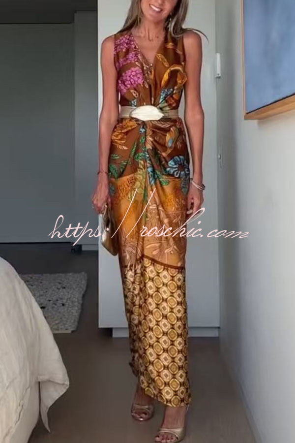 Naturally Inspired Satin Unique Floral Print Twist Waist Slit Drape Maxi Dress
