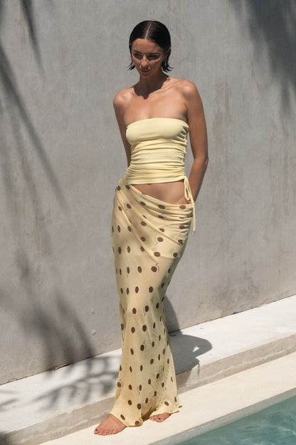 Sexy vestido maxi ajustado con retazos de lunares sin tirantes